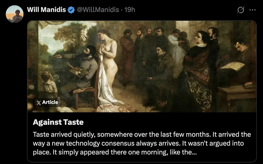 Will Manidis post linking to Against Taste, illustrated with a painting of an artist and onlookers