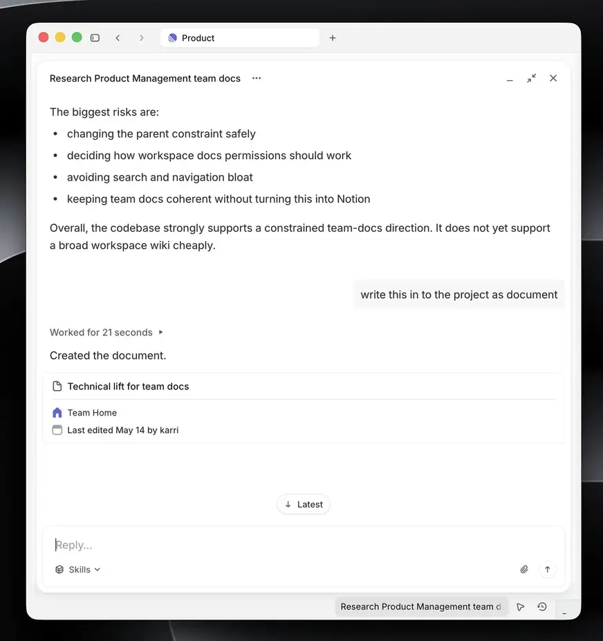 Linear Agent research response outlining technical risks for team documents and creating a technical assessment document