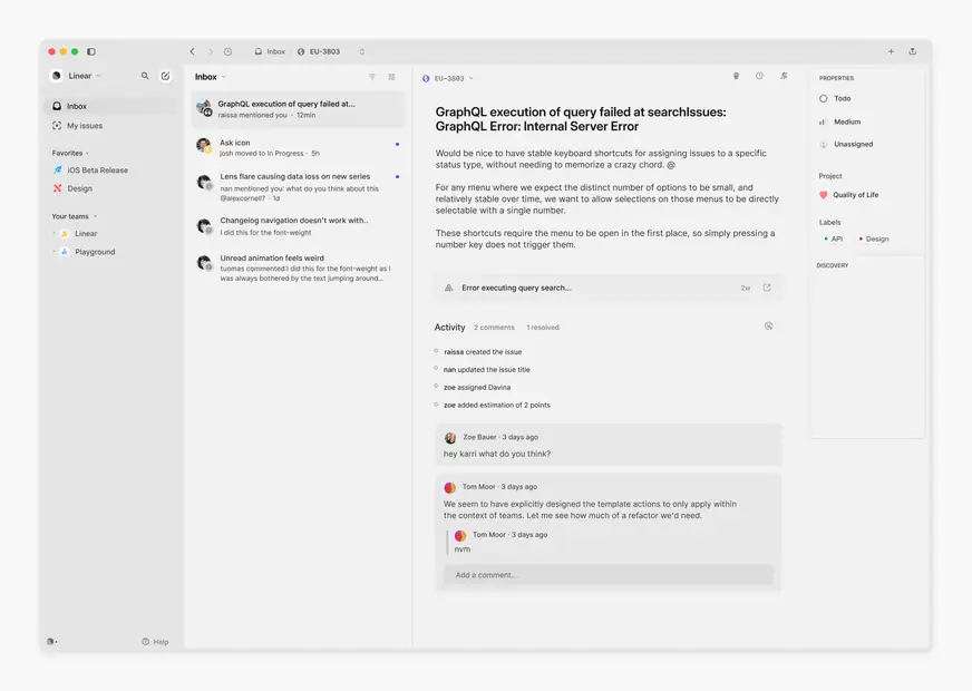 Linear inbox redesign concept with gray navigation panels and a boxed issue properties panel