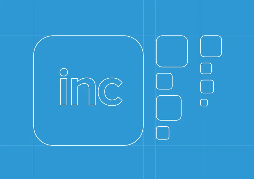 Blueprint-style illustration of an inc favicon and rounded-square icons at different sizes