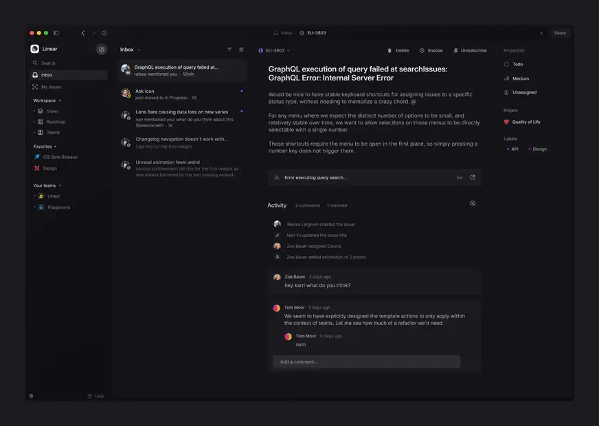 Early Linear redesign concept with a dark Inbox, navigation sidebar, and issue details