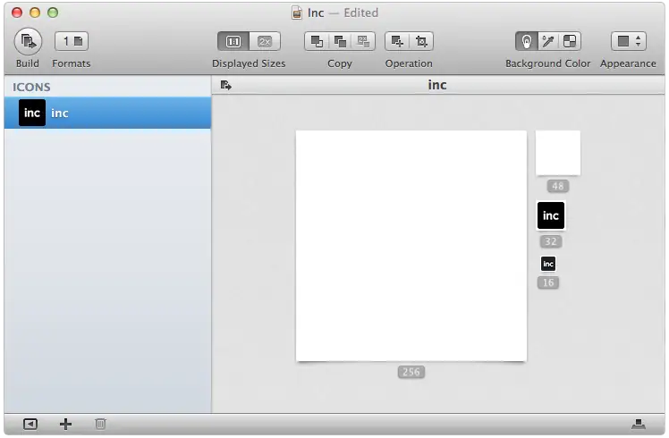 Icon editor showing the inc favicon at 16, 32, 48, and 256 pixel sizes