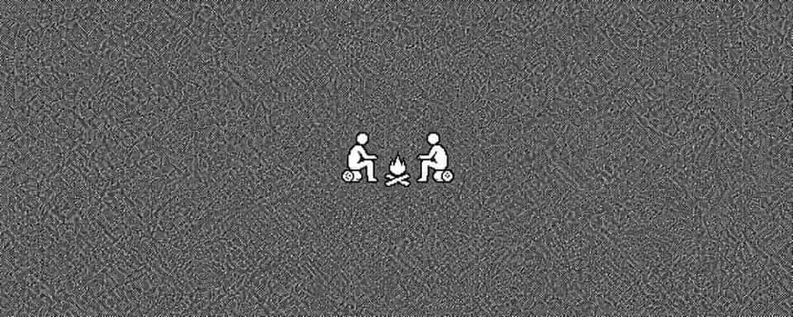 Pixel-art illustration of two people sitting around a campfire on a grey dithered background