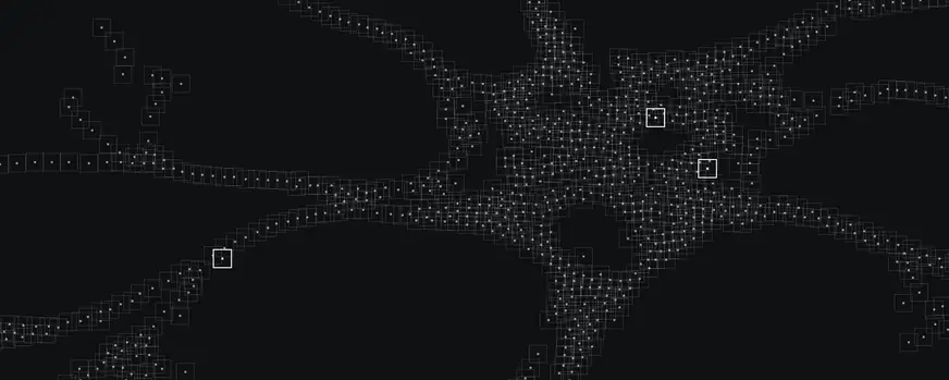 Branching network of outlined squares on a dark background