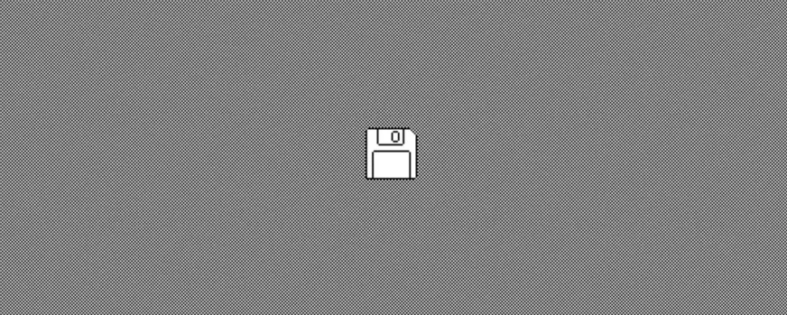 Pixel-art floppy disk on a grey dithered background