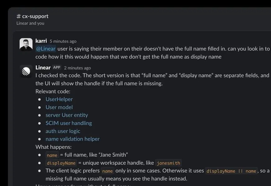 Slack conversation where Linear explains the code behind full names and display names