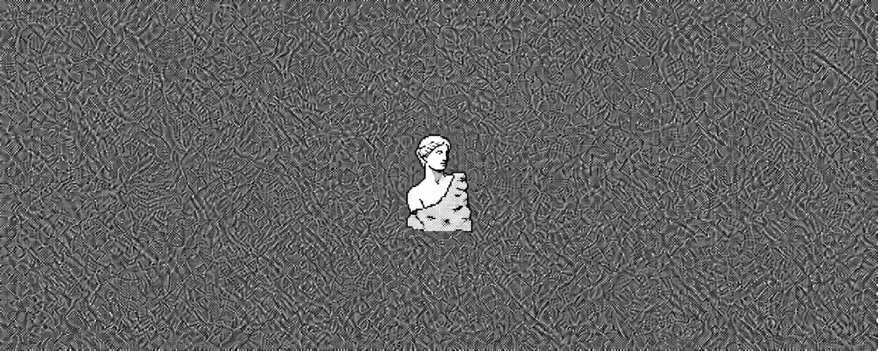 Pixel-art classical bust on a grey dithered background