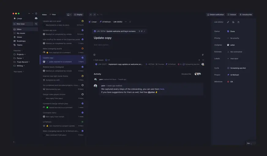 Linear Inbox before the redesign, with blue-tinted panels surrounding an issue and its activity