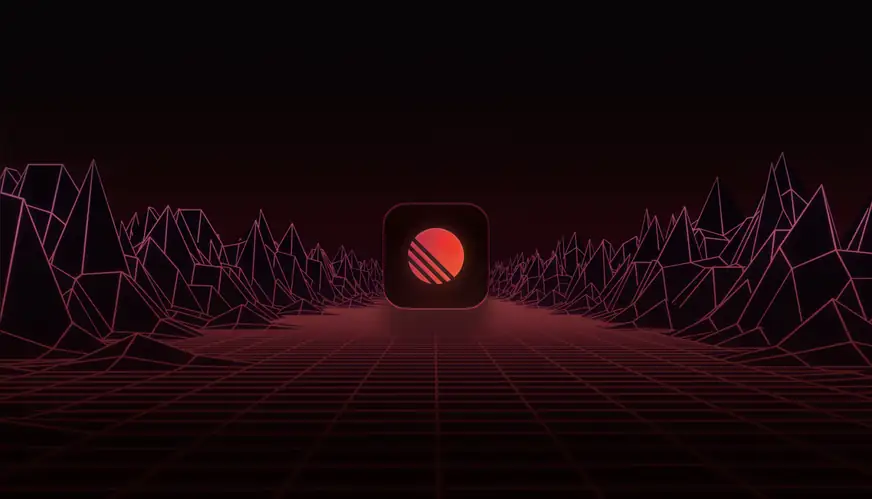 Linear logo in orange and red gradient among geometric mountains 
