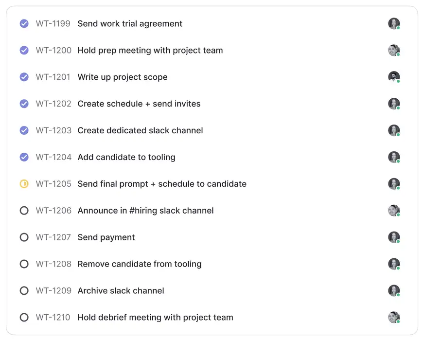 List of issues in Linear for carrying out a work trial