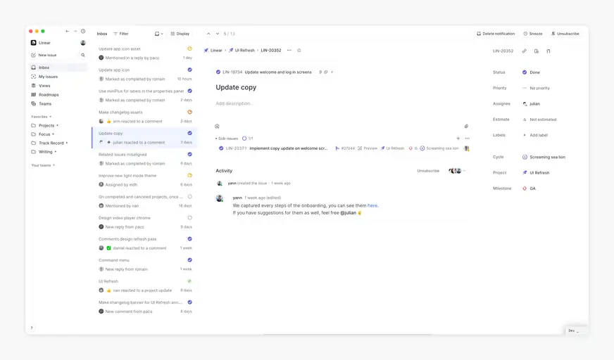 Linear inbox before the redesign, with notifications, an issue, and its properties in separate columns