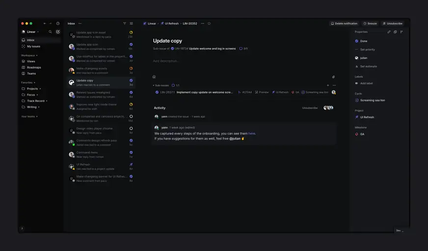Linear Inbox after the redesign, with neutral dark panels and an issue details view