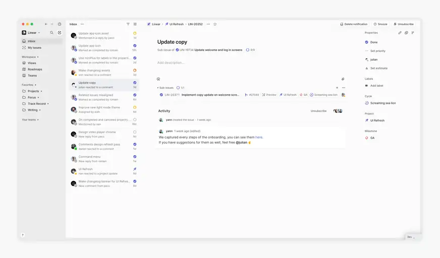 Linear inbox after the redesign, with a gray navigation sidebar, streamlined header, and issue properties panel