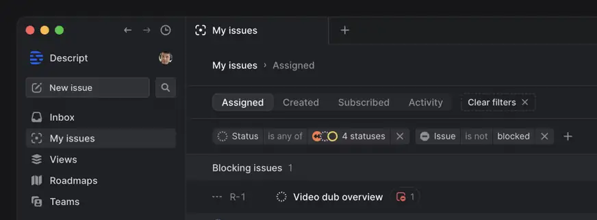 Screenshot of Linear UI featuring Andrew's My Issues view with done, backlog and blocked issues filtered out.