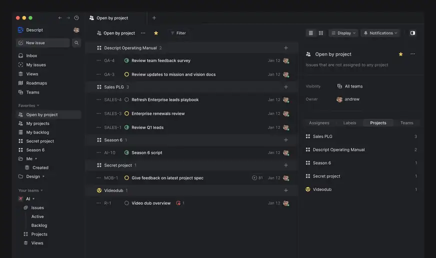 Screenshot of the Linear UI featuring Andrew's Open by Project view which groups backlog tasks by project area. 