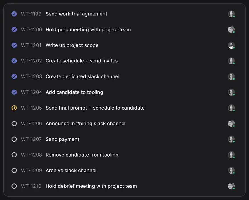List of issues in Linear for carrying out a work trial