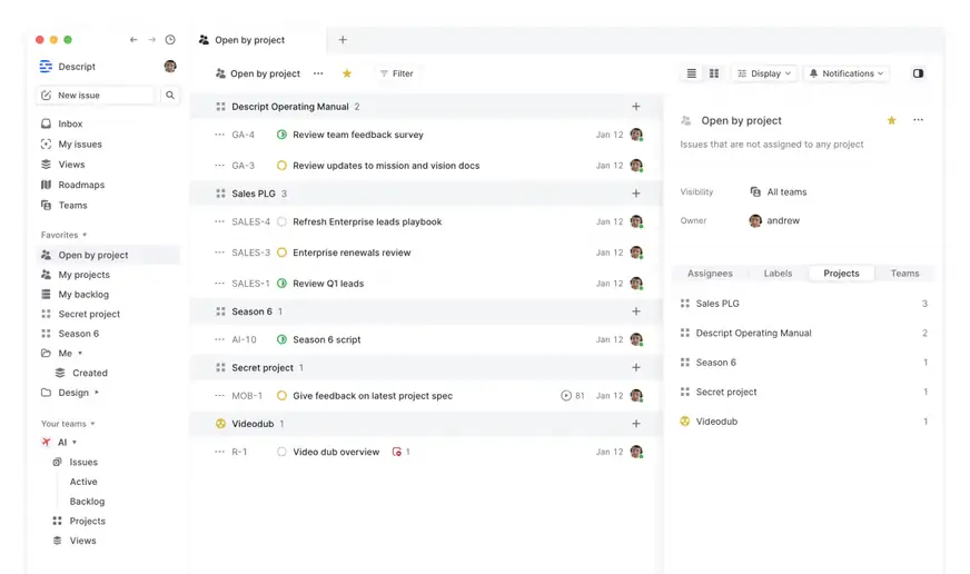 Screenshot of the Linear UI featuring Andrew's Open by Project view which groups backlog tasks by project area. 